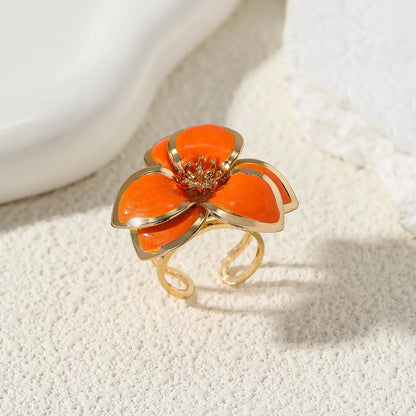 Single Piece Alloy Enamel Flower Ring, Exaggerated Floral Design Open Ring For Women, Trendy Party Jewelry
